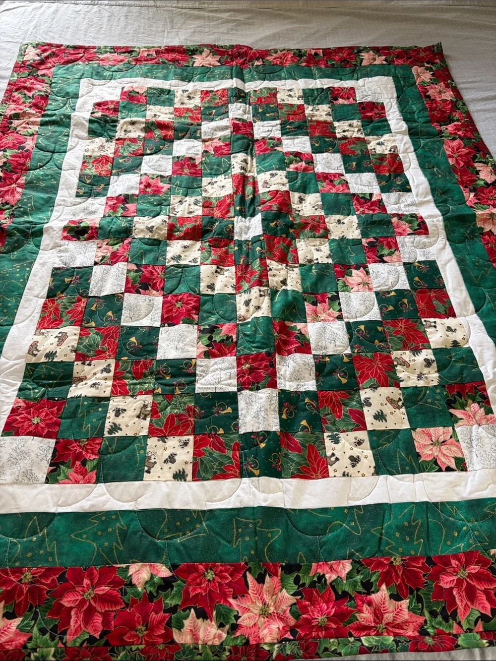 Handmade Holiday Patchwork Quilt - Red, Green, Cream